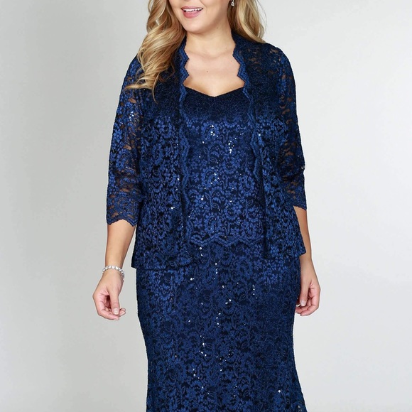 R&M Richards Long Mock Lace Jacket Dress, Navy Evening Gown, Size 6 New w/Tag - Picture 7 of 11